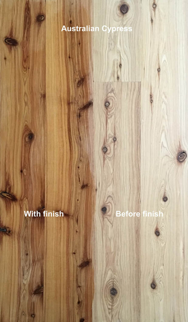 Picture: Australian Cypress flooring with and with finish. Note the golden color and dark knots.©