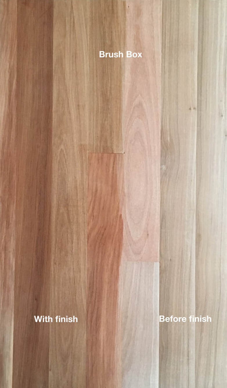 Picture: Australian Brush Box flooring with and without finish. Note the fine grain and warm pinkish brown to beige colors.©
