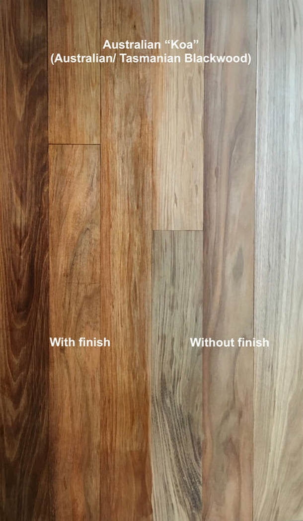 Picture: Australian Koa flooring with and with our finish. Medium to warm browns with curving grain.©