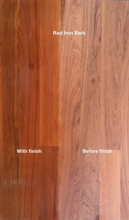 Picture: Red Iron Bark flooring with and without finish. Our hardest Eucalyptus flooring with beautiful reddish browns and smooth grain make this a prized wood. ©